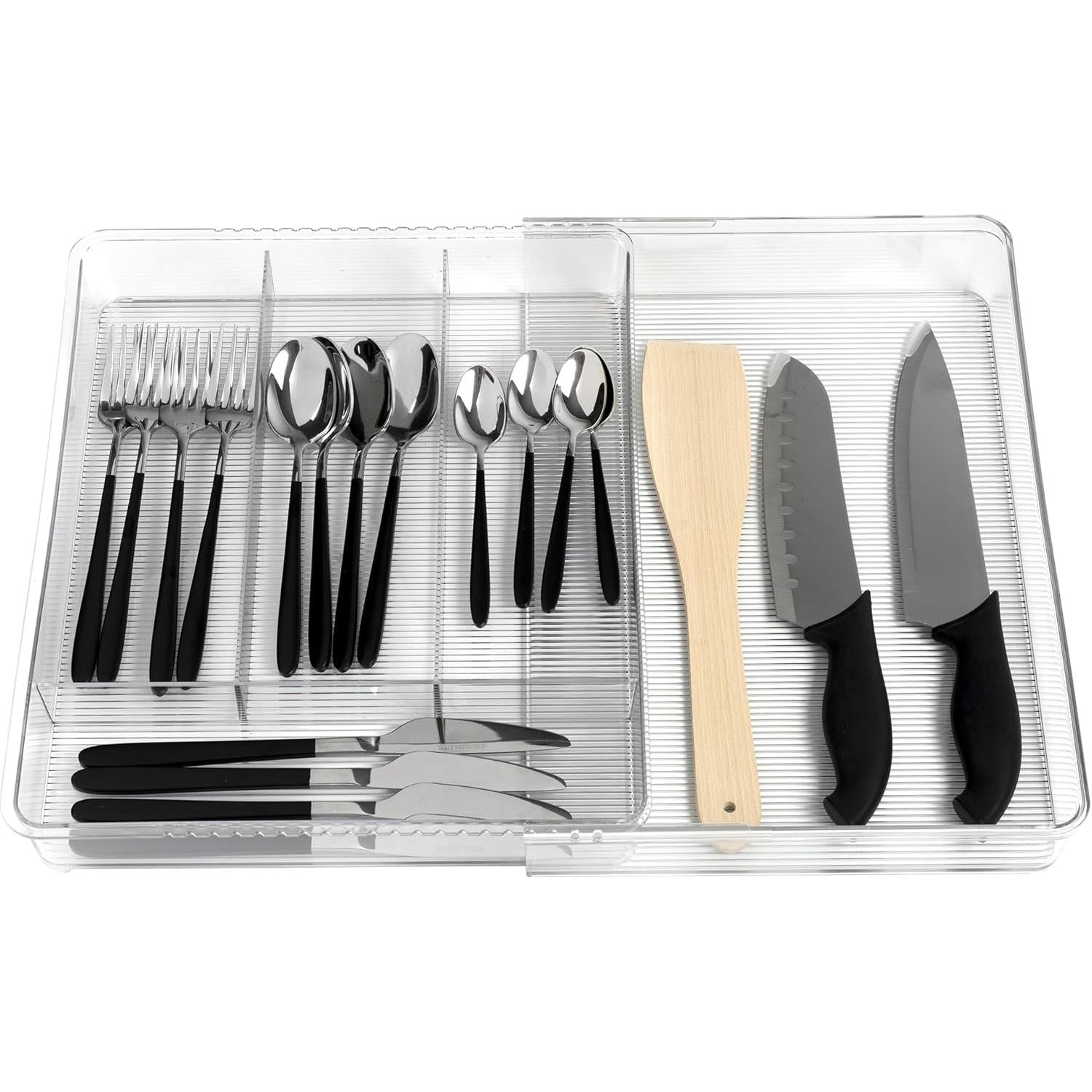 Knife, spoon, and fork set in a clear  expandable organizer on a white background