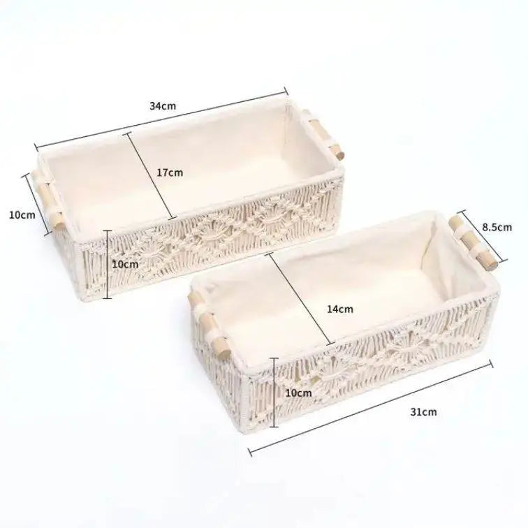 Set of 2 Macrame Storage Baskets – Woven Cotton Rope Organisers  Storage Basket with Wooden Handles